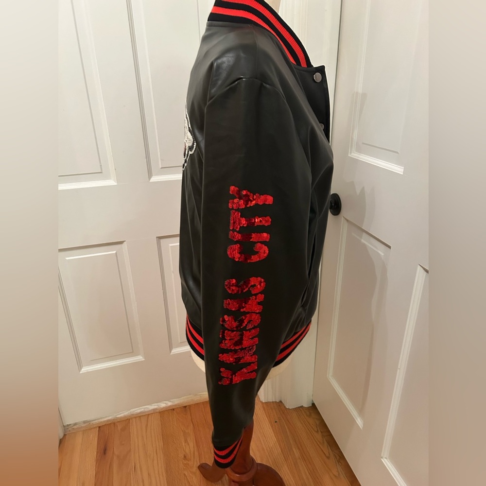 NFL Kansas City Chiefs Sequin Faux Leather Varsity Jacket Women Small‎ Black Red - Picture 5 of 16